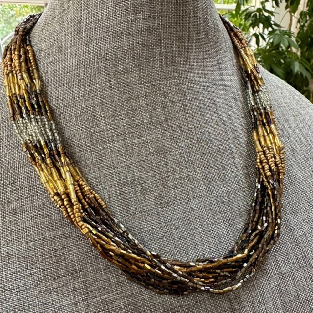 Ombré Gold Silver Seed Bead Multi Strand Statement Necklace Boho 80s